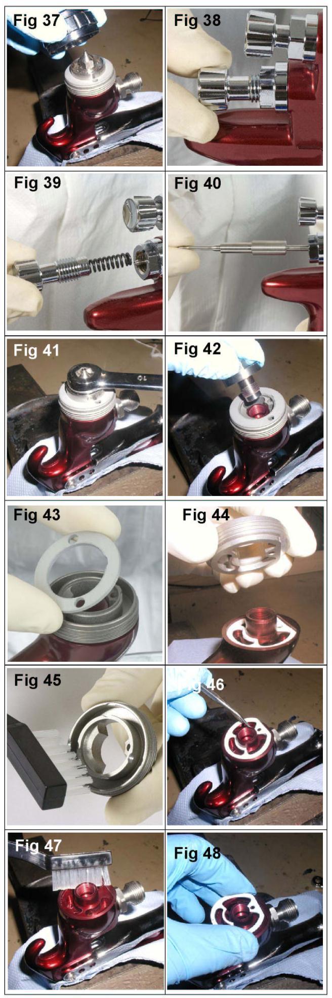 Parts Replacement/ Maintenance SPRAY HEAD SEAL REPLACEMENT 1. Remove air cap and retaining ring. (See fig 37) 2. Remove fluid adjusting knob, spring, and spring pad. (See figs 38 & 39) 3.
