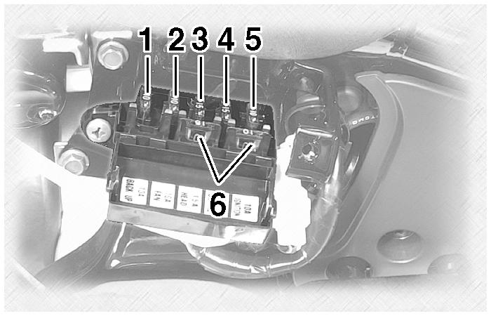 PERIODIC MAINTENANCE AND MINOR REPAIR Fuse box 2 is located behind panel B. (See page 7-8.) 1. Backup fuse (for odometer and clock) 2. Radiator fan fuse 3. Headlight fuse 4. Signaling system fuse 5.