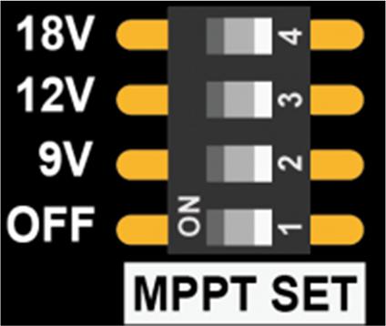 MPPT SET MPPT SET provides quick setting of the MPPT voltage. Three commonly used solar panel voltage 9V, 12V and 18V are available.