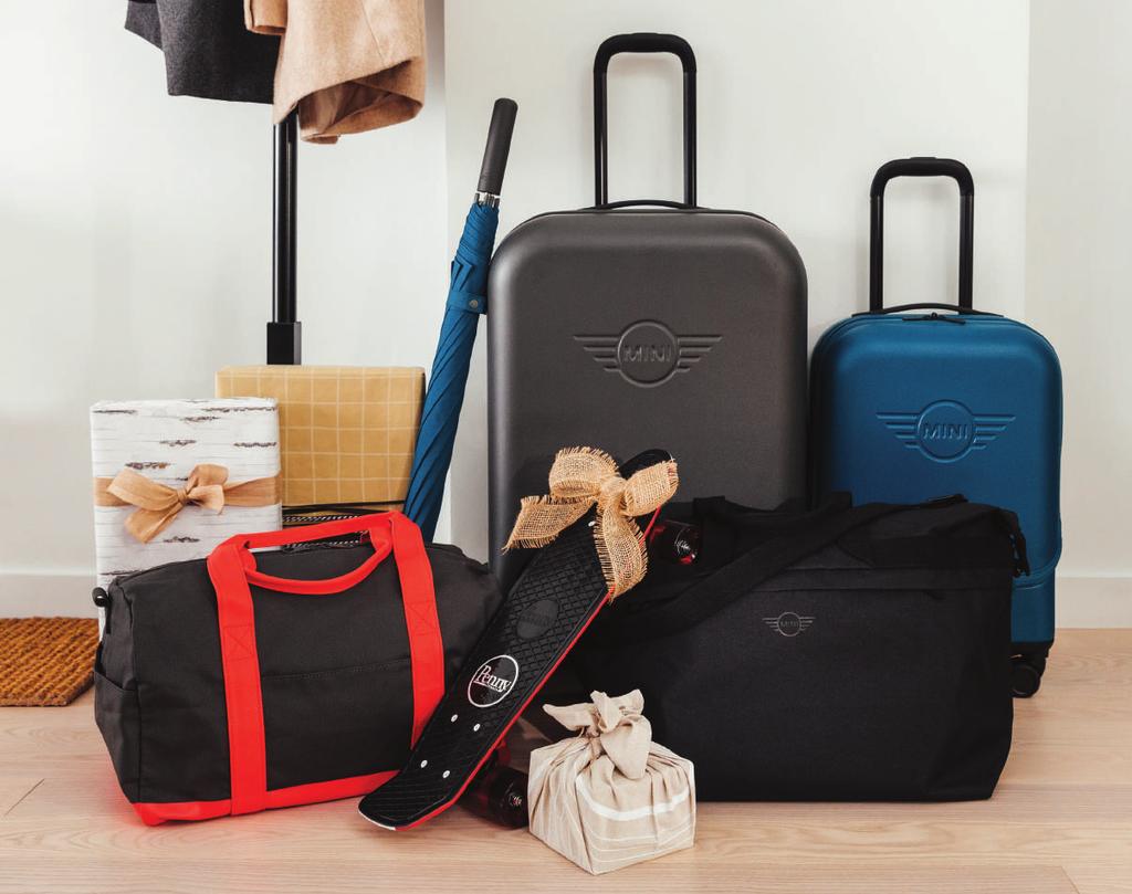 Left: Colour Block Duffle Bag, Walking Stick Signet Umbrella, Skateboard, Trolley, Cabin Trolley, Two-Tone Traveller Bag Right: Tricycle, Colour