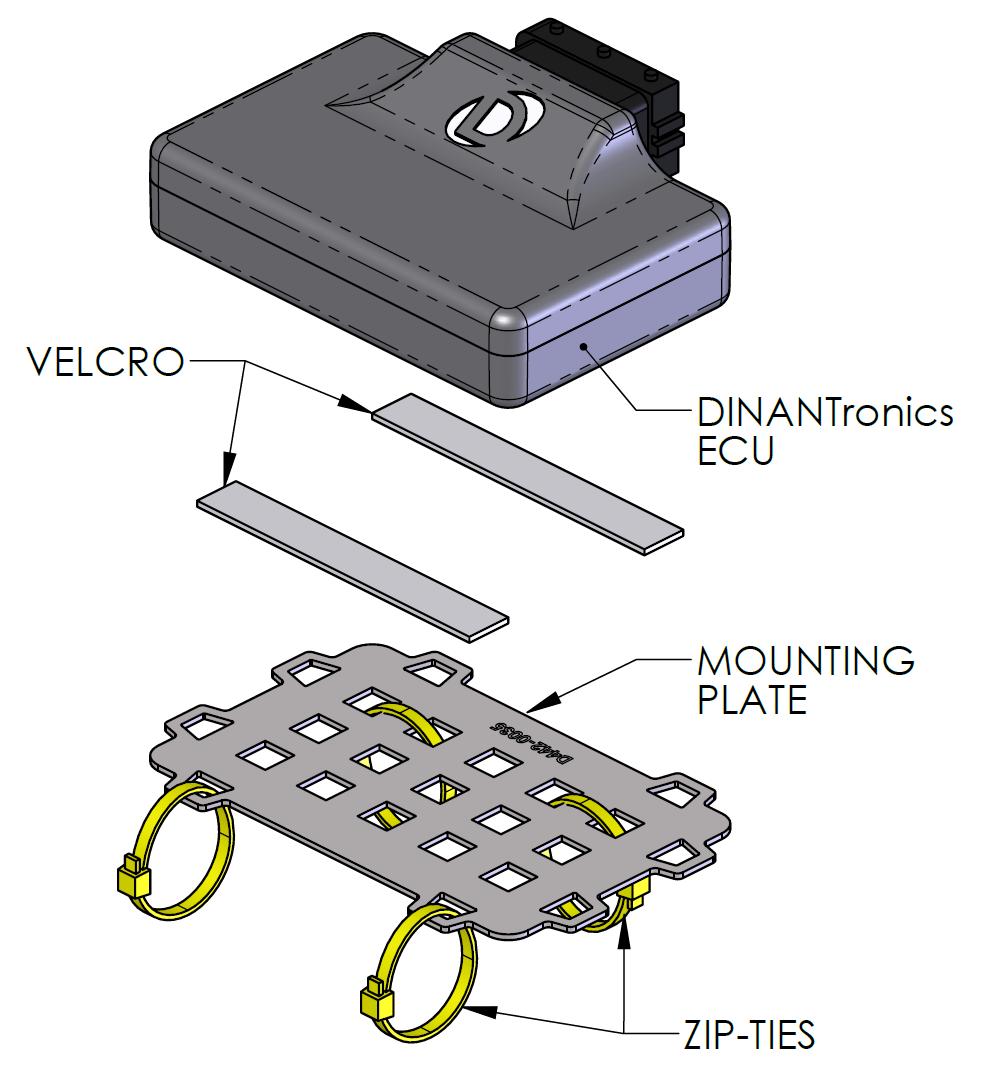 8. If you choose to mount the DINANTronics Elite ECU elsewhere: The DINANTronics Elite ECU will be attached to the included mounting plate using double-sided Velcro tape.
