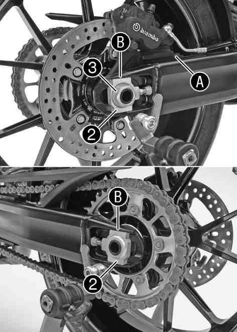 WHEELS, TIRES 109 Engage the counter bearing of the brake caliper support and swingarm. Lay the chain on the rear sprocket and mount the wheel spindle. Mount chain adjuster and nut.