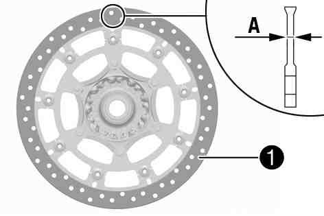 2Checking the front brake discs Warning Danger of accidents Reduced braking efficiency due to worn brake disc(s). Change the worn brake disc(s) without delay.