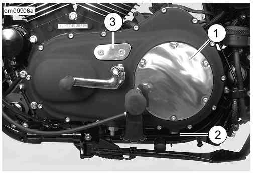 6. Start engine. Check for any lubricant leaks. 7. Turn engine off. 1. Clutch inspection cover 2. Drain plug 3.