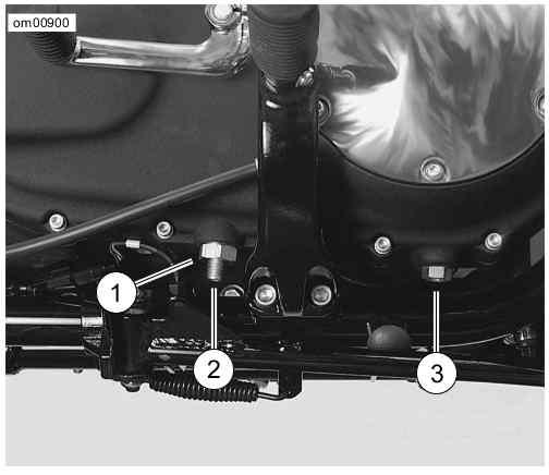 4. See Primary Chain Adjuster: 2007 Sportster Models. Loosen locknut (1). 5. Turn chain adjuster screw (2) clockwise (inward) to reduce free play or counterclockwise (outward) to increase free play.