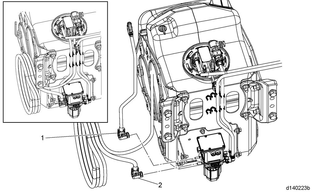 12 13-18 6. Connect the DEF suction line (1) and DEF return line (2) to the DEF tank header. 7. Connect the DEF line heater wiring harnesses at the tank and DEF pump. 8.