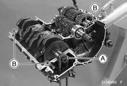 Crankcase Splitting Apply grease to the O-rings [A]. Install the oil jet nozzles [B]. Apply a non-permanent locking agent to the threads of oil jet nozzle bolts [C].