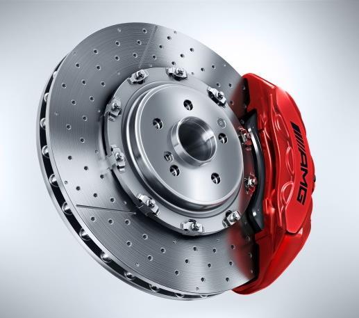 2 rear brake discs, internally ventilated and perforated with single-piston floating caliper U70 AMG Red Painted Brake Calipers Optional on GT R Painting the brake calipers in red visually