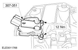 1. NOTE: Remove the drain pan. Connect the transaxle cooler inlet line. 18. NOTE: Do not tighten the TR sensor bolts. Install the transmission range (TR) sensor and install the bolts loosely. 19.