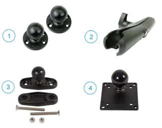 RAM Mounting Kit Parts Number Description 1 Mounting balls 2 Pivot arm 3 Clamp mount with hardware 4 Mounting plate Screws and lock washers for smart dock (not shown) Note: If