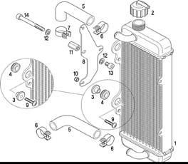 of fixing the radiator is on right side of engine. Radiator must be mounted with all components as shown in the illustration either like version 1/2 or like version 3.