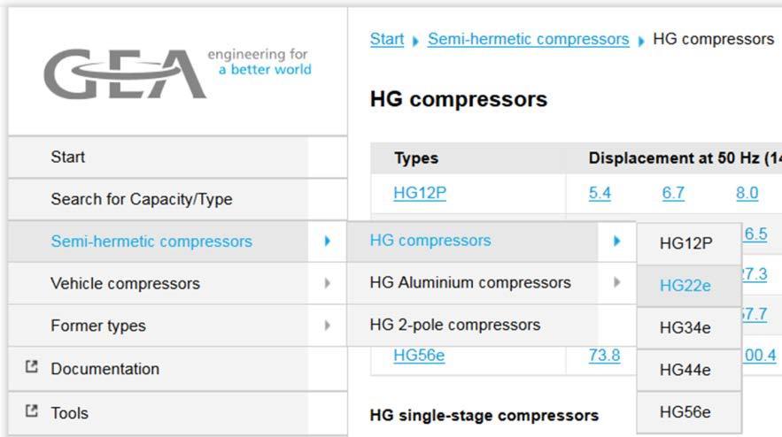 Optimized compressor types: HG22e-44e The model range of standard semi-hermetic compressors HG22e-44e were optimized comprehensively The optimized