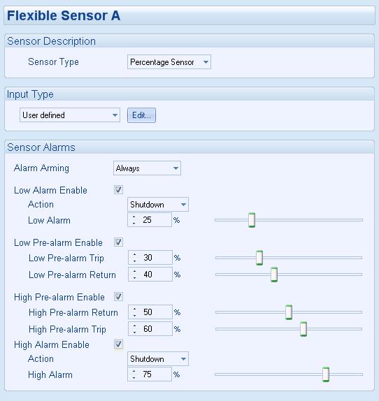 Edit Inputs 2.4.2 ANALOGUE INPUTS Click to edit the sensor curve. See section entitled Editing the Sensor Curve. Select the type of alarm required.
