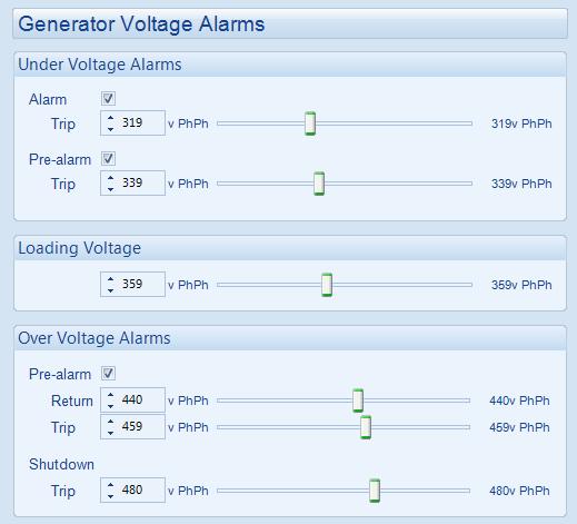 Edit Generator 2.7.2 GENERATOR VOLTAGE Click to enable or disable the alarms. The relevant values below appears greyed out if the alarm is disabled. Click and drag to change the setting.