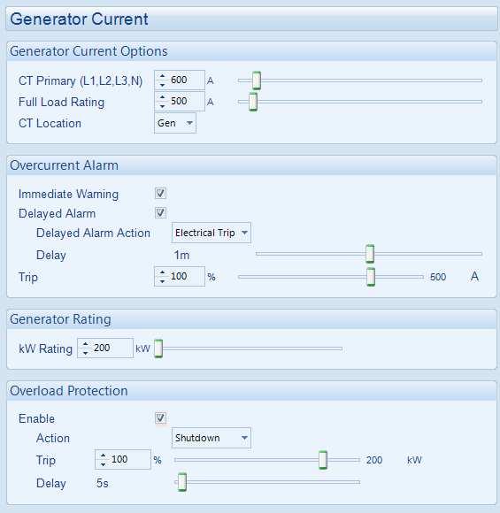 Edit Generator 2.7.4 GENERATOR CURRENT This is the CT primary value as fitted to the set (CT secondary must be 5A) The full load rating is the 100% rating of the set in Amps.