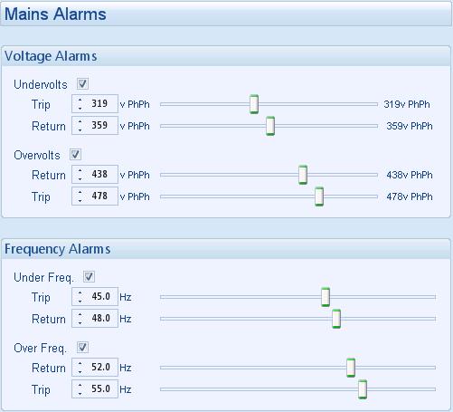 Edit Mains 2.8.2 MAINS ALARMS Click to enable or disable the alarms. The relevant values below appears greyed out if the alarm is disabled.