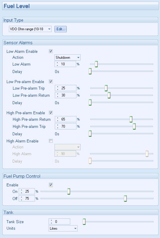 Edit Engine 2.9.3 FUEL LEVEL Select the sensor type Click to edit the sensor curve. See section entitled Editing the sensor curve. Select the type of alarm required.