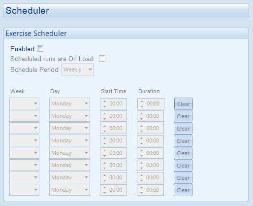 Edit Scheduler 2.10 SCHEDULER The scheduler is used to automatically start the set at a configured day and time and run for the set duration of hours.