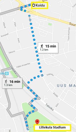 Map below showing walking route from Koidu bus stop to the stadium By taxi Overall journey time is approximately 15 20 minutes depending on traffic From the station - Baltijaam: By