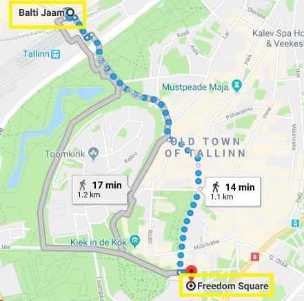 Map below showing walking route from Baltijaam (main station) to Vabaduse Väljak (Freedom Square) Finalist Fan Meeting Points, open on Wednesday 15 August There will be two separate fan meeting