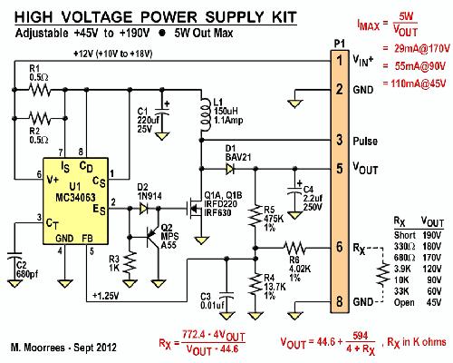 The circuit is based on the Motorola MC34063 switch-mode controller chip. This chip, has been available since the 80s. The circuit is a basic Boost Supply, where a single winding inductor is used.