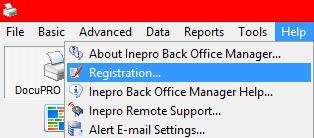 Configuration Activate License in ibos 1. Start the Inepro Back Office Manager. 2. Go to the Help menu. 3. Click on Registration.