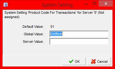 Budget Connector configuration in ibos The pop-up window System Setting is opened: 6. Insert the desired product code at the Global value field. 7. Click the OK button. 8. Click the Close button.