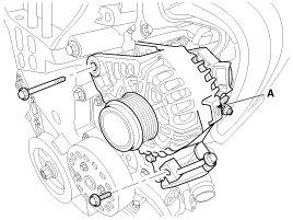 14. Install the drive belt. (1) Preassemble the alternator (A) temporarily. (2) Install the drive belt (C). (3) Adjust the tension by turning the tension adjusting bolt (B) clockwise.