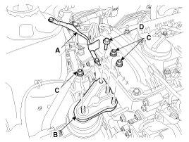 (1) Install the engine mounting support bracket (B). Tightening torque Nuts (C) and bolt (D) : 78.