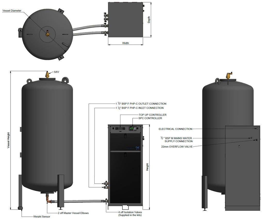 Technical Data: Break Tank Capacity Dimensions Connections Width Depth Height Vessel System Top-Up 18 Litres 470 320 800 1-½ 1-½ ½" Pump set Top Up Equipment (Integral) Noise Rating (dba) Pump Model