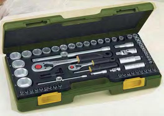 Four extensions, one screwdriver handle with square drive, two universal joints. See photo for full contents.