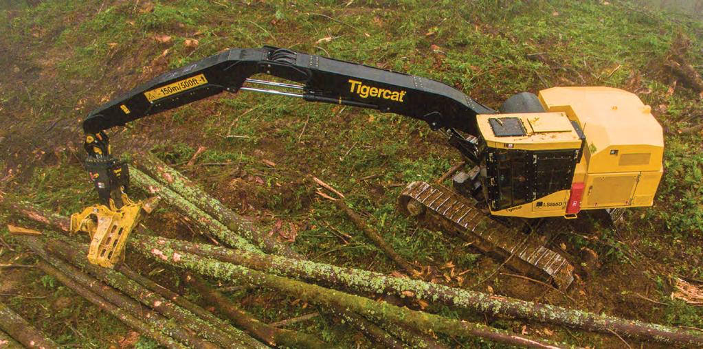Equipped with the Tigercat 5195 directional felling head, the machine is well suited to steep slope felling, bunching and shoveling.