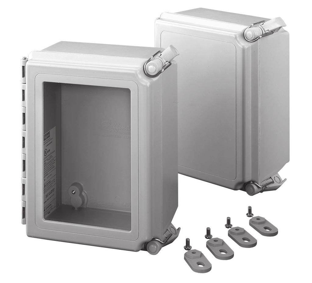 Non-Metallic: Fiberglass A48, CONTINUOUS HINGE, TYPE 4X INDUSTRY STANDARDS Mounting brackets required to meet UL/CSA external mounting requirements. UL 508A Listed; Type 4, 4X, 12, 1; File No.