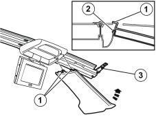 Illustration B 18B J3904751 Insert the panel hooks in the roof member cut-outs (1) by the LCD display and between the display and the member (2).