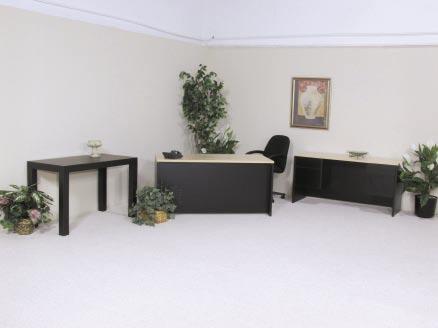 STYLE N N-1 Executive Desk, Honey Oak, 60 W x 30 D x 29 H N-2 Executive Chair, Black Leather, 25 W x 28 D x 43 H N-3 Sled Chair, Black, 24 W x 24 D x 32 H N-4 Credenza, Honey Oak, 66 W x 20 D x 29 H