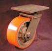 POLYURETHANE TYRE ON CAST IRON Rectangular top plate swivel, fixed and swivel with trailing wheel brake Zinc plated pressed steel with forks welded to swivel head Double ball race Operating