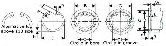 N1300 Standard Internal Circlips (Imperial) American Specifications CODE Bore Groove (G) Circlip (F) Wt. B G Tol. W Tol. n d t Tol. D Tol.