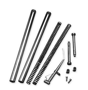This kit includes components required to lower the Sportster front end in addition to a shorter jiffy stand; 89-93 models require the separate purchase and installation of two Slider Tubes P/N