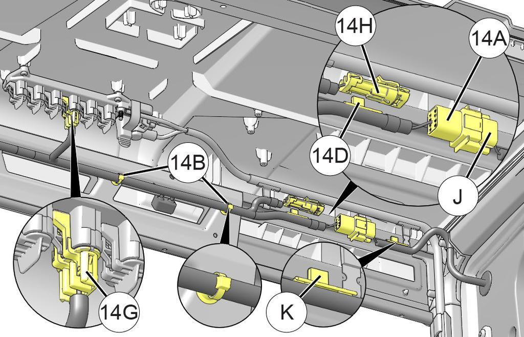 18.If installing kit PN 2882561, then proceed to Step 19. Otherwise, install door crossover harness as follows: See previous section, HARNESS DETAIL, for connector identification. d. Secure harnesses to ROPS crossmember using two edge clips K and 14D, and two routing clips 14B.