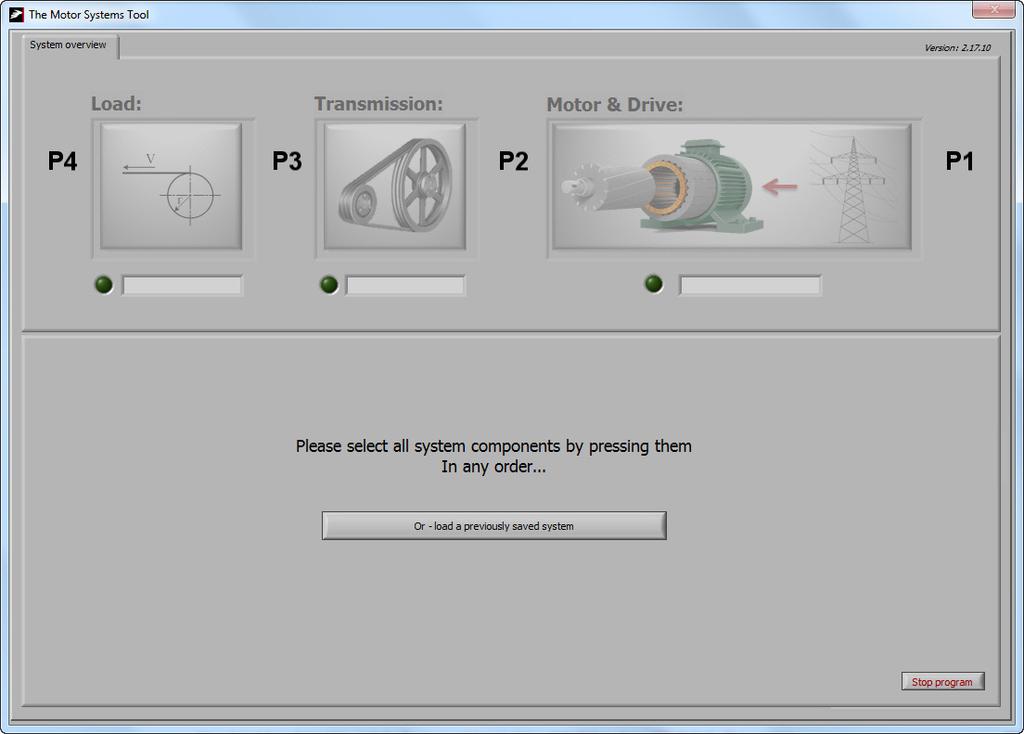 Once the Motor Systems Tool is started, the start screen appears, showing the three components of the motor driven system.