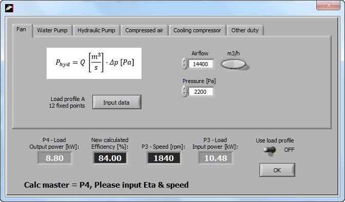 In this case, we know that point P4 has a measured value of 8.8 kw ( before state ). Furthermore, we know that the required speed of the ventilator is 1840 rpm.