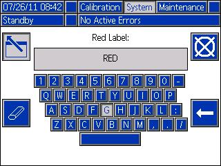 Appendix B - ADM Setup Screens Overview System Screen 3 This screen allows the user to edit the labels for the A (Red) and B (Blue) sides of the machine.