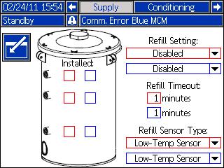 The user may select from the following refill settings: Disabled, Monitor, Manual, Auto Top-Off, Auto Full-Volume. NOTE: Use the Disabled setting if off-board tanks are not installed.