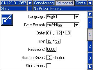 Advanced Screen 1 This screen allows the user to set the language, date format, current date, time, setup screens password, screen saver delay, and turn on or off silent mode.