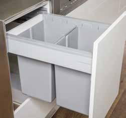 Bin Guide Top mount bins with TANDEMBOX Top mount bin solution for 450 mm wide module - Bins 2 x 20 L - Set includes bins, fixed steel lid & hanging frame components - Space required - External