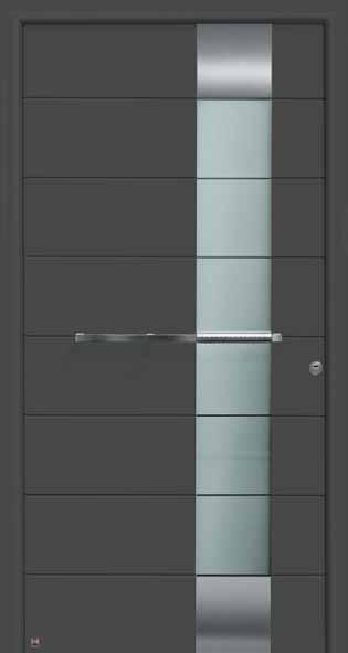 Style 667 Stainless steel handle HOE 910, matt Parsol grey design glass with 7 clear stripes, triple thermal insulation glass MG 667 side element Design glass infill, matt Parsol grey with 7 clear