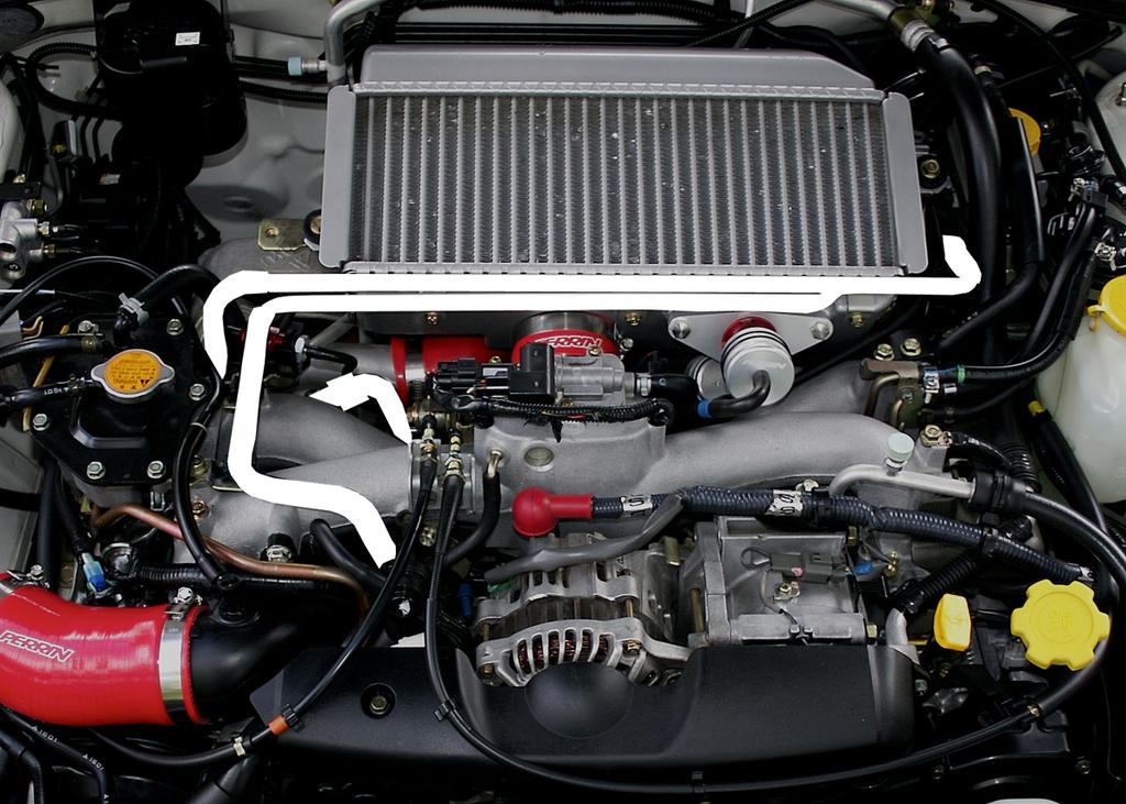 Above diagram showing typical crank case, and valve cover vent hose routing highlighted in white. Note the Y junction on front of intercooler is actually hard piping, not rubber hose.
