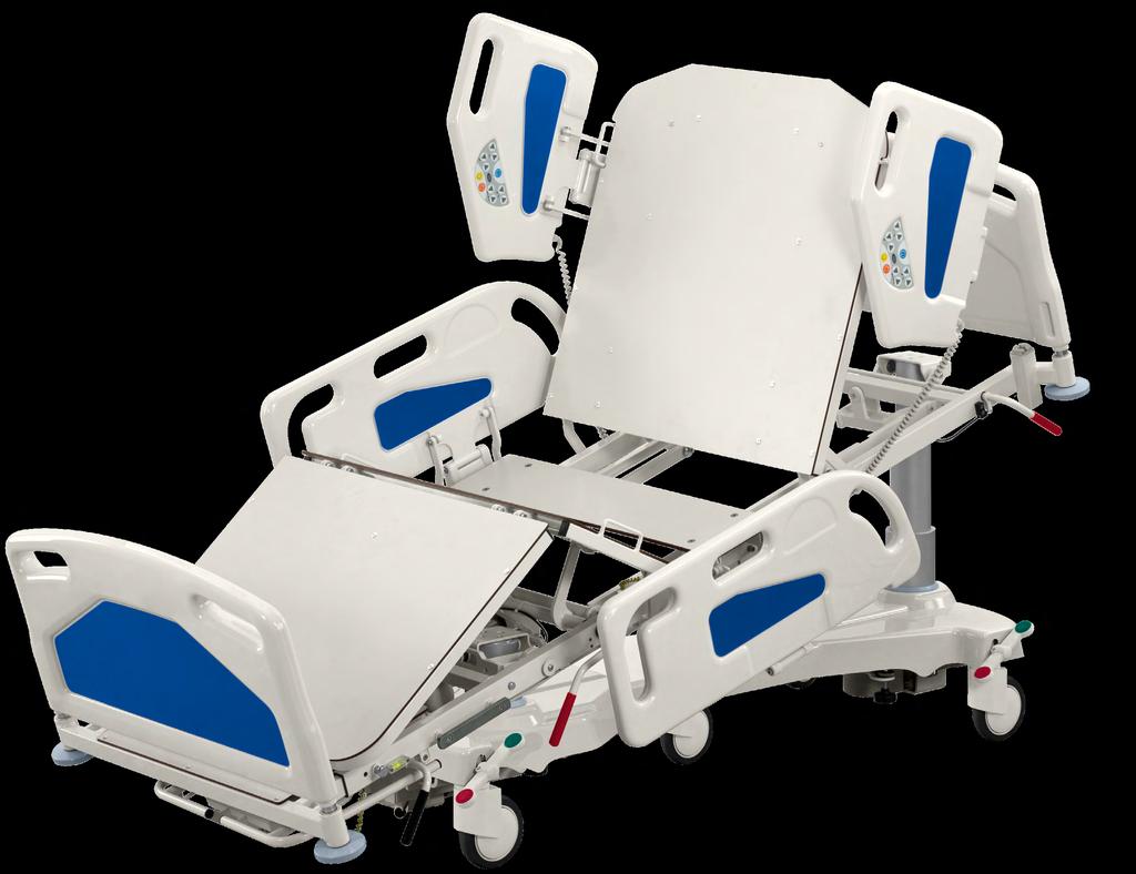 ICU bed Benefits for patients: Low bed frame position and four side rails facilitate getting in and out of the bed safely Autocontour function adjusts backrest and thigh rest segments simultaneously