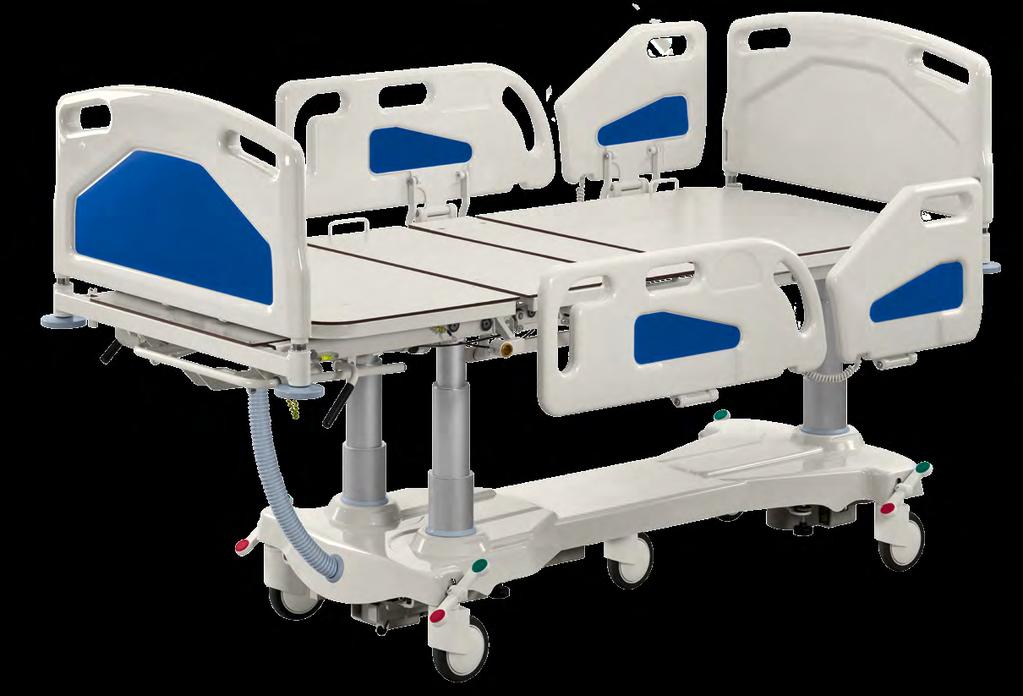 moving of heavy patients, spine overload) Benefits for technical staff: The bed is covered with powder varnish resistant to UV radiation, mechanical damages and disinfecting agents Possibility of