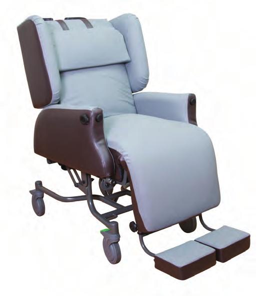 Gas assisted tilt, recline and leg raise Removable and washable covers for infection control Lockable castors with directional control Meal tray and padded footrest optional